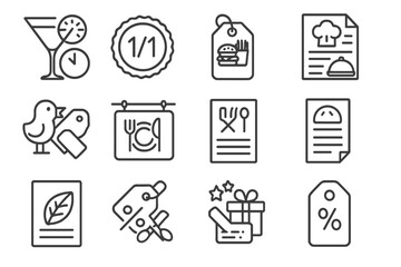Restaurant Offer Icons. Line style icons of restaurant special offers: happy hour icon, two-for-one badge, meal combo tag, lunch