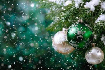 New fantasy year retro modern vintage green fir tree with snow and Christmas tree decorations 
