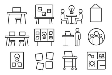 Startup Workspace Icons. Line style icons of startup workspace: open desk icon, whiteboard notes, brainstorming zone, startup hub