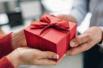 Close-up view of hands of unrecognizable woman giving red gift box tied to bow handed to man. Giving gifts during the Christmas, Happy New Year and Happy Birthday at office