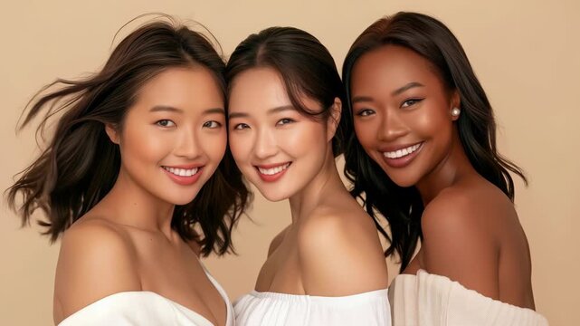 Three women diverse ethnicities stand shoulder to shoulder, smiling warmly at viewer. They are dressed in casual, off-shoulder white tops, background is neutral, light beige tone.