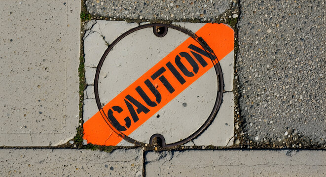 Cautionary Markings A Painted Safety Message On A Circular Cover On Concrete