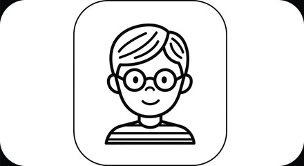 Line Drawing of a Smiling Boy with Glasses in a Rounded Rectangle Frame, Black and White Portrait of a Happy Youngster with Striped Shirt Inside a Rectangular Shape