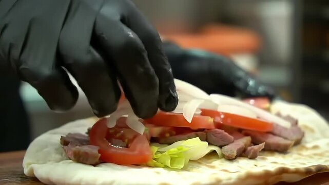 Ingredients are being carefully layered onto a flatbread for a delicious sandwich preparation.