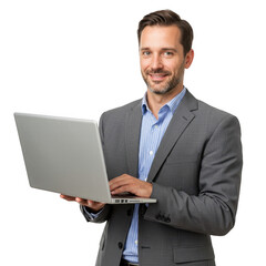 Smiling businessman in a suit holding and typing on a modern laptop computer isolated on transparent background