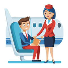 Fototapeta premium Flight attendant serving a passenger on an airplane with seats and windows Keywords: flight attendant, passenger, airplane, aircraft, travel, aviation, service, cabin crew, stewardess, pilot