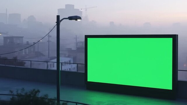 Green Screen Billboard in Foggy Cityscape