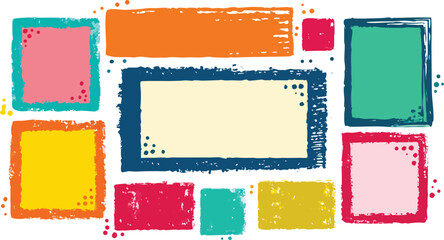 Colorful Hand-Drawn Grunge Rectangles and Squares, Abstract Childish Style Textured Shapes Set for Frames, Backgrounds, and Template Design