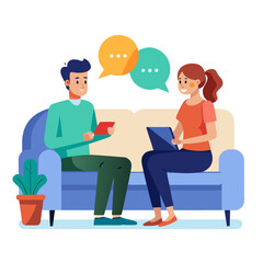 Man and woman sitting on a couch talking with speech bubbles above their heads conversation discussion