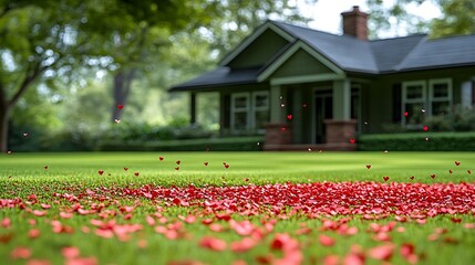 Red hearts scattered on a grassy lawn in front of a house.