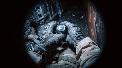 First-Person View of Loading Flashbang Grenade in Tactical Pouch Inside Dark Building