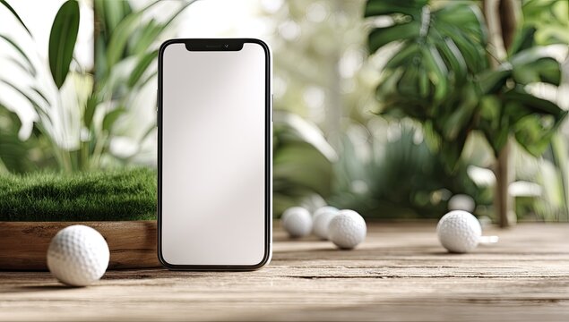 Smartphone mockup on wooden table, surrounded by golf balls and greenery