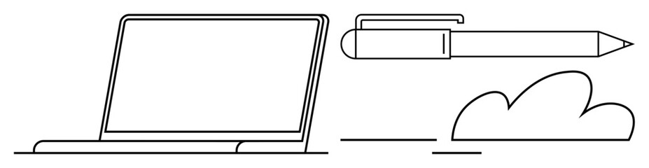 Obraz premium Laptop next to pen and cloud representing digital tools for online work, data sharing, and creativity. Ideal for technology, remote productivity, education, cloud computing, innovation, organization