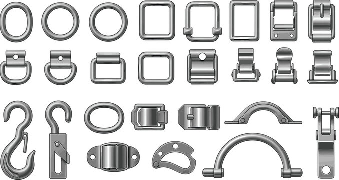 Cad drawing, flat vector illustration of metal hardware, buckles, rings, hooks, fasteners, garment accessories, strap clips, fashion tools