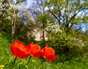Vibrant red tulips in a spring meadow