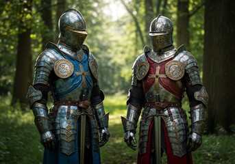 Fototapeta premium 深緑の静寂の中、輝く甲冑騎士二人 神秘的な光と影
