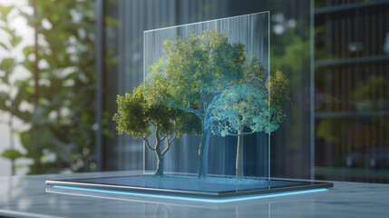 Holographic trees projected from modern digital tablet. Futuristic nature interface. Ideal for eco-technology, smart environment, and AR sustainability content.