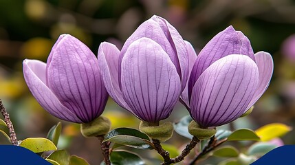 Two vibrant purple magnolia blossoms in close-up.