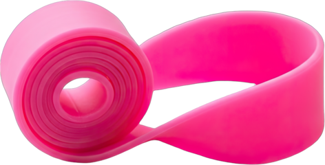 Bright pink fitness resistance band coiled on a white background