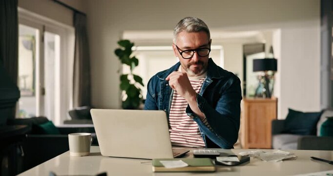 Mature man, stress and laptop with bills in home for finance calculation, budget or debt review. Male person, calculator and audit with receipts or expenses for financial mistake or tax compliance