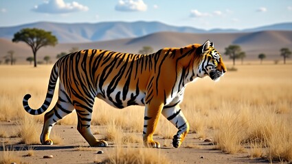 Fototapeta premium Majestic tiger walking through dry savannah landscape with distant mountains