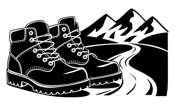black hiking boots on mountain road clip art preview