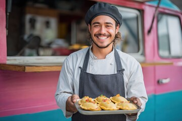 Smiling Street Food Chef Holding Colorful Empanadas by Vibrant Food Truck