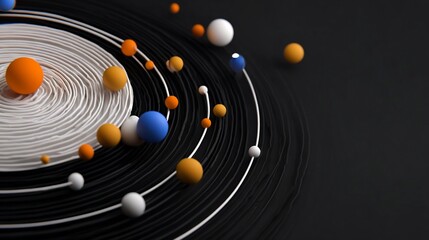 Abstract spiral design with orbiting spheres