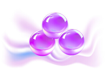 Three iridescent purple spheres nestled on a soft lavender abstract form; ethereal, luxurious, and calming.