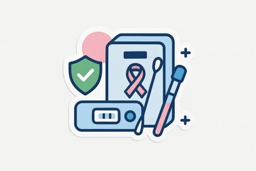 Essential healthcare tools symbolize prevention and awareness featuring medical instruments, a shield, and a pink ribbon representing hope and health for all individuals