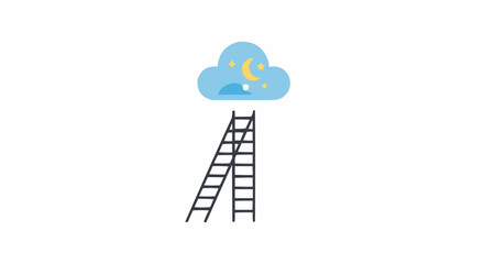A ladder reaching up to a blue cloud with a moon and stars on a white background illustration