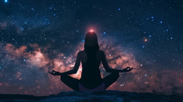 Silhouette woman in meditative pose against stunning backdrop star-filled night sky, symbolizing harmony, spirituality, connection to something greater.