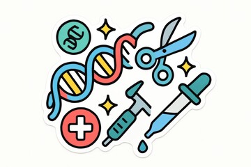 Naklejka premium Colorful illustration showcasing essential medical tools such as DNA double helix scissors syringe and pipette with a symbol representing healthcare innovation and genetic exploration