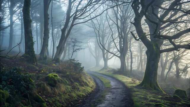 Misty forest path winding through ancient trees in soft morning light - Powered by Adobe