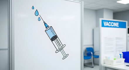 Conceptual Graphic Of A Syringe Depicting Vaccination On A White Board