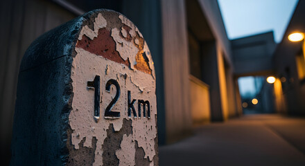 Concrete Marker Shows Distance Remaining Near An Urban Corridor At Twilight
