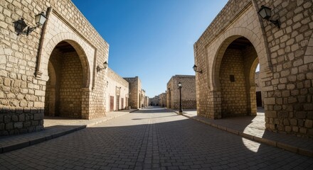 Obraz premium Ancient Stone Street Architecture Under a Bright Sunny Sky