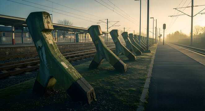 Converging Concrete Bollards Gleaming Under Early Morning Train Station Light - Powered by Adobe