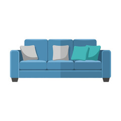Blue sofa with grey and teal cushions flat vector illustration design.