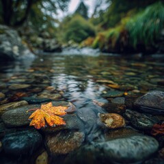 Obraz premium Autumn leaf on stream rocks, forest background, nature scene