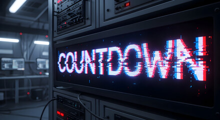 Countdown Display With Glitch Effect Style In Server Room Environment