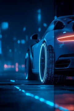 A modern sports car features glowing tires, parked on a slick street illuminated by neon lights. The atmosphere is vibrant and futuristic, showcasing a blend of technology and style.