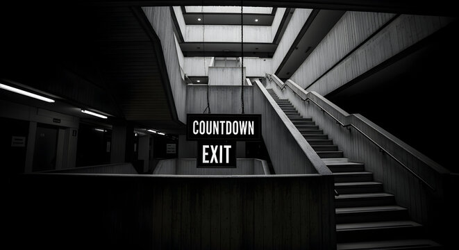 Countdown Exit In Concrete Building With Stairs Monochrome Photography