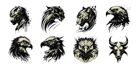 Illustration of diverse animal head illustrations big cats like lions and panthers, birds of prey such as eagles and owls, and a bull, rendered in a bold, inksplattered artistic style, isolated on whi © mohsin