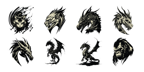 Illustration of collection of mythical dragon illustrations various dragon heads and fullbody depictions with wings and fierce expressions, created in a striking, inksplattered artistic style, isolate