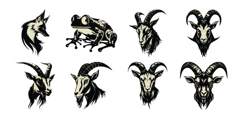 Illustration of set of pixel art style animal heads featuring a fox, a frog, and goats, isolated on white background