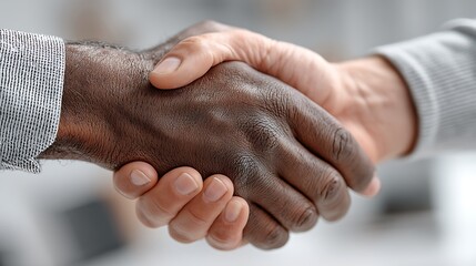 Fototapeta premium In a professional setting, two individuals engage in a handshake, symbolizing a business agreement or partnership. The photographa??s focus is on the hands clasped together, highlighting 