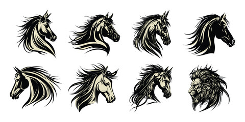 Illustration of collection of eight stylized horse head illustrations in profile, isolated on white background, showcasing dynamic manes and artistic linework, representing power and freedom