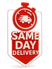 Fototapeta premium Same day delivery sign with a stopwatch icon, advertising fast shipping services. Modern flat sticker label with icon and badge style, transparent background