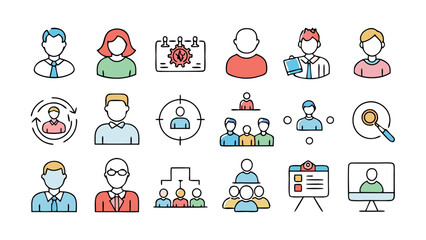 Human resources and teamwork icons set with business people and management symbols vector illustration